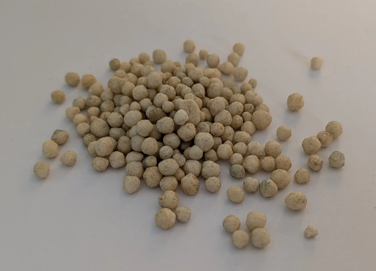 A scatter of tan granular fertilizer pellets on a white surface.
