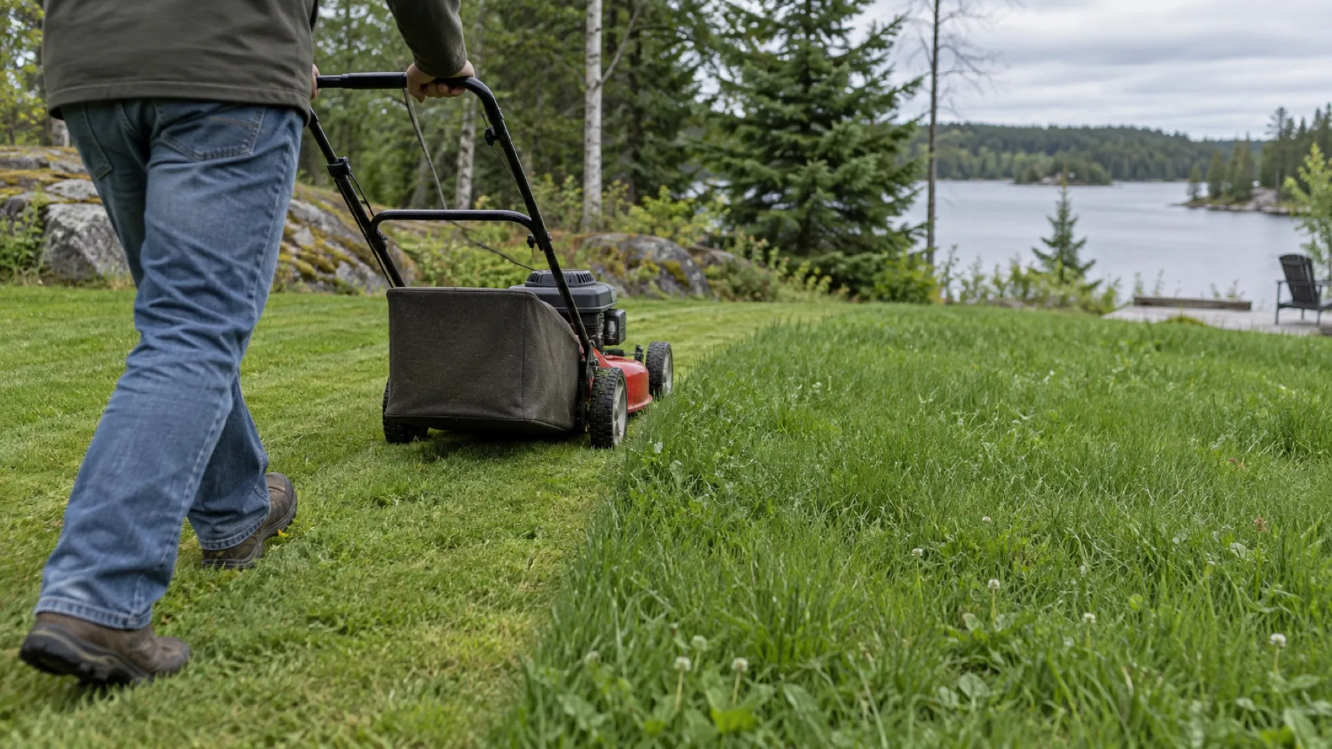 A walk-behind mower cutting an establishing lawn beside taller uncut turf.