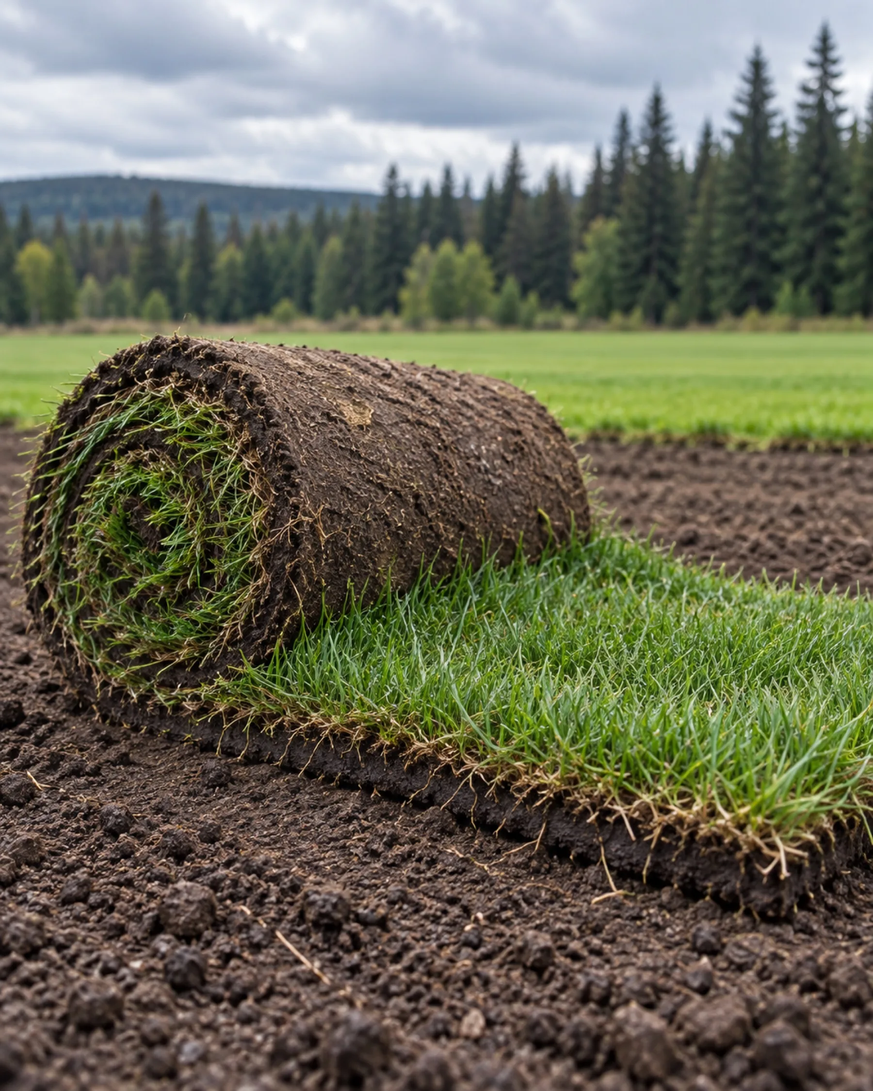 A freshly harvested sod roll showing dense turf and its dark root-bound soil cross-section.