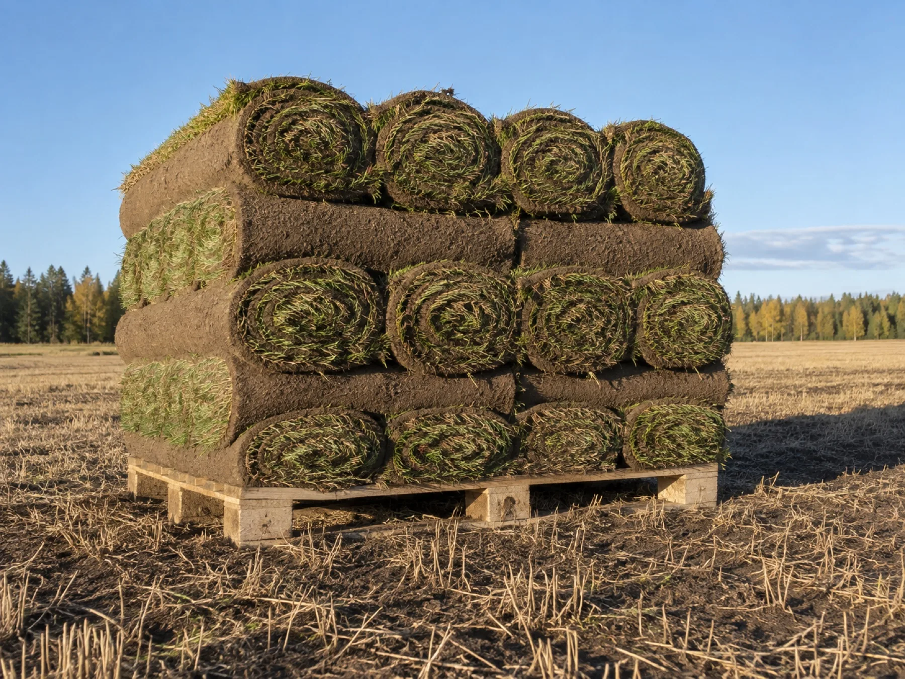 A pallet of cut sod rolls stacked in a harvested field, with the soil-and-root cross-sections facing camera.
