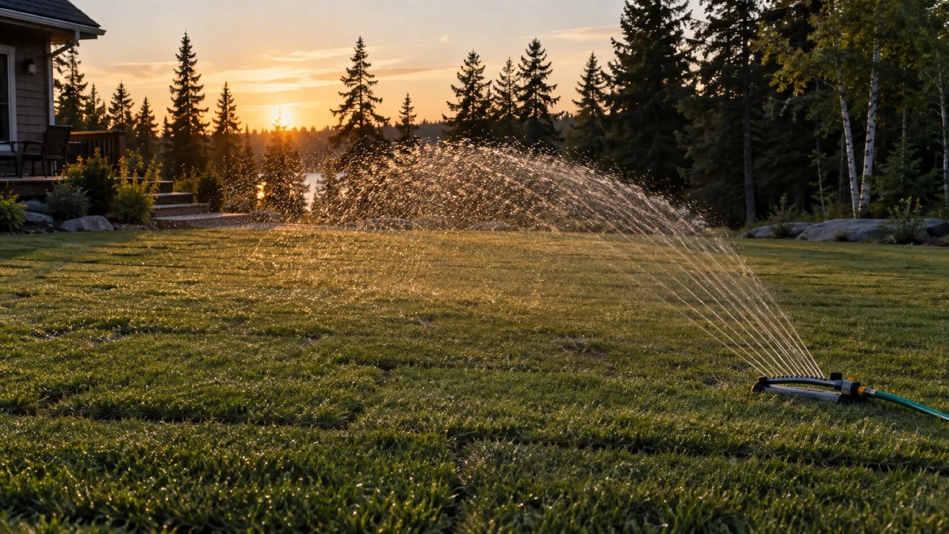 An oscillating sprinkler watering a freshly laid lawn at evening light.
